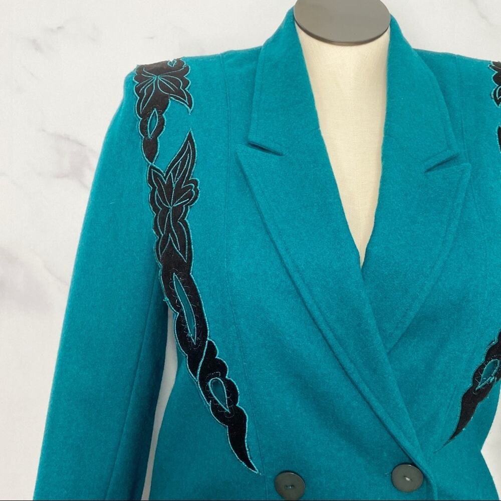 Vintage Double Breasted Blazer Teal Floral Appliqué 90s Prairie Western Size L - Picture 2 of 13